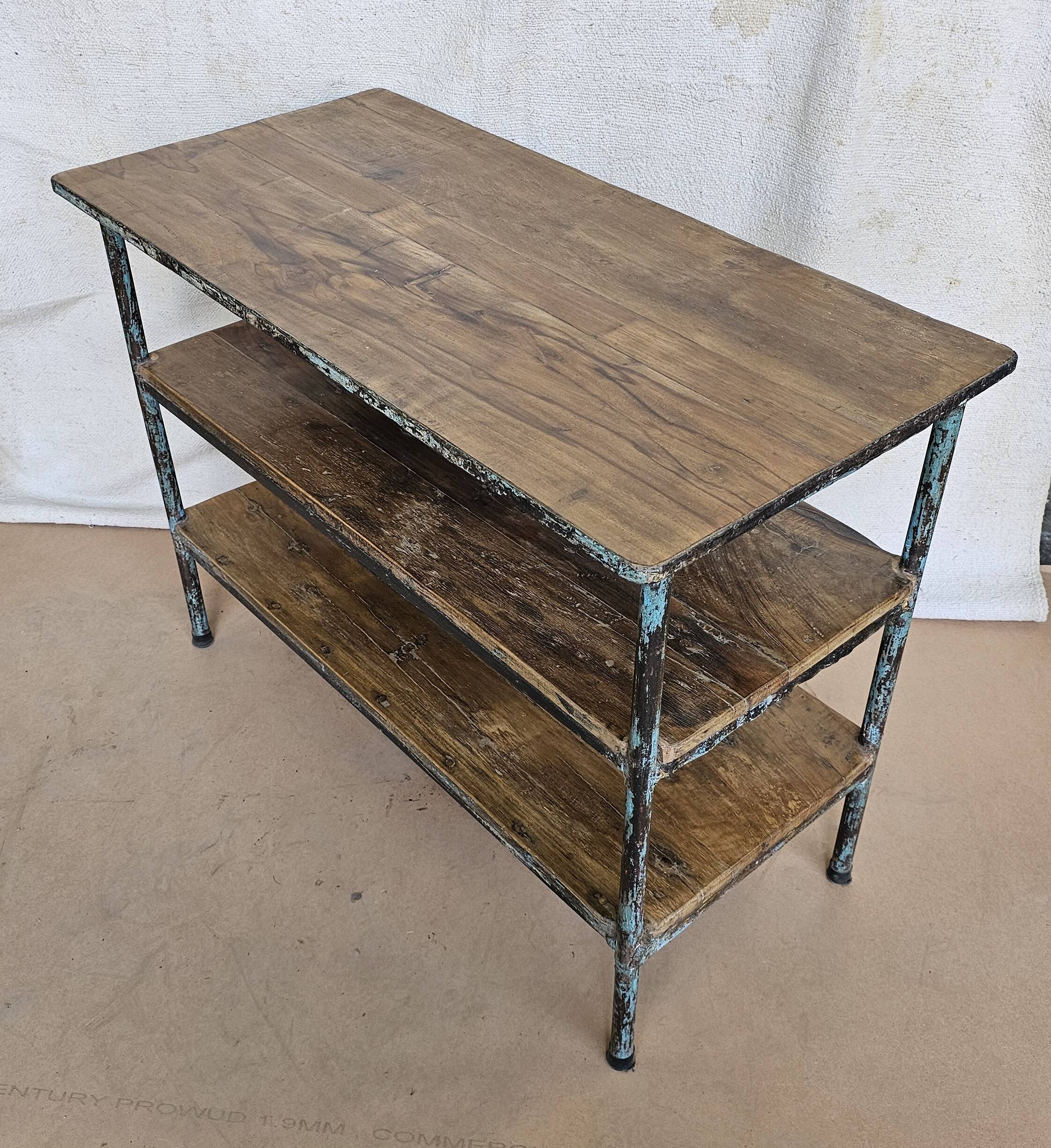 Textile workshop console in teak and wrought iron