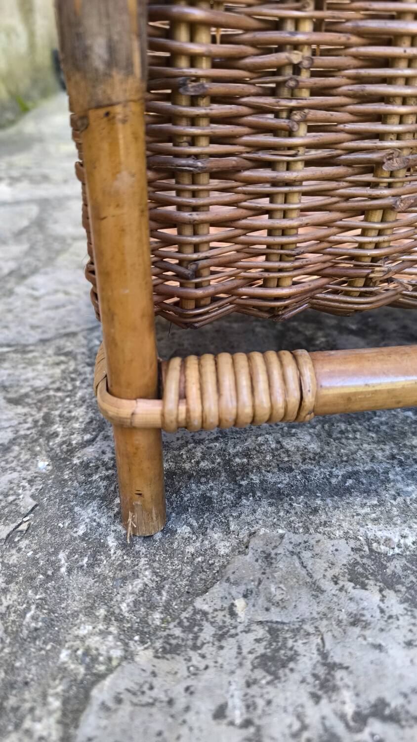Panier à bûches en rotin et osier 1950