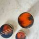 Vintage Red Enamelled Bronze Set, Ashtray, Candle Holder & Lidded Jar, 50s