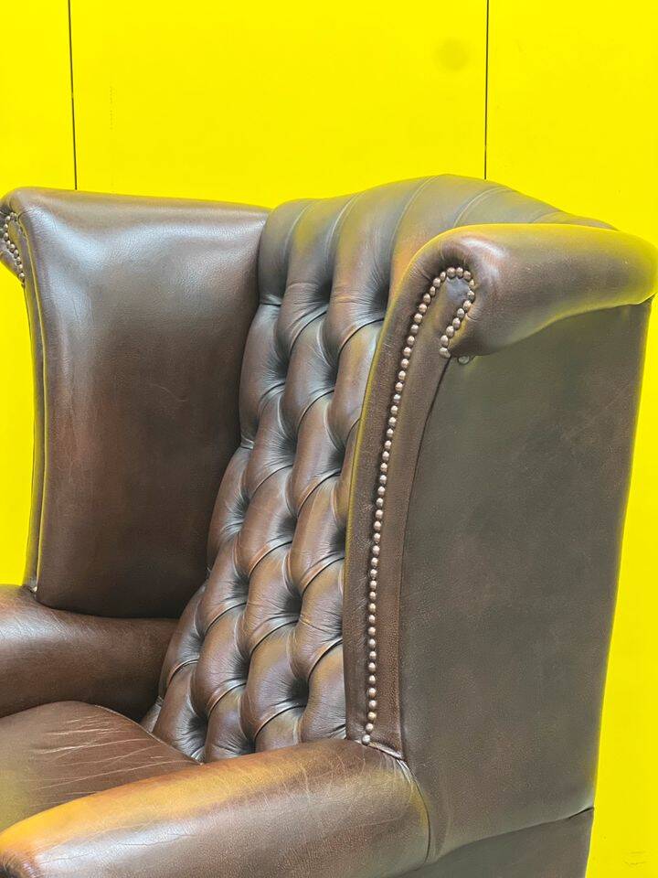 Vintage Brown leather chesterfield wingback armchair