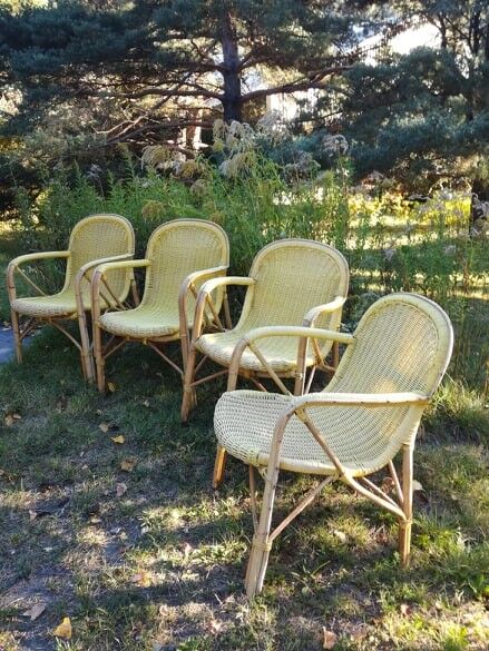 Set of 4 rattan and scoubidou armchairs