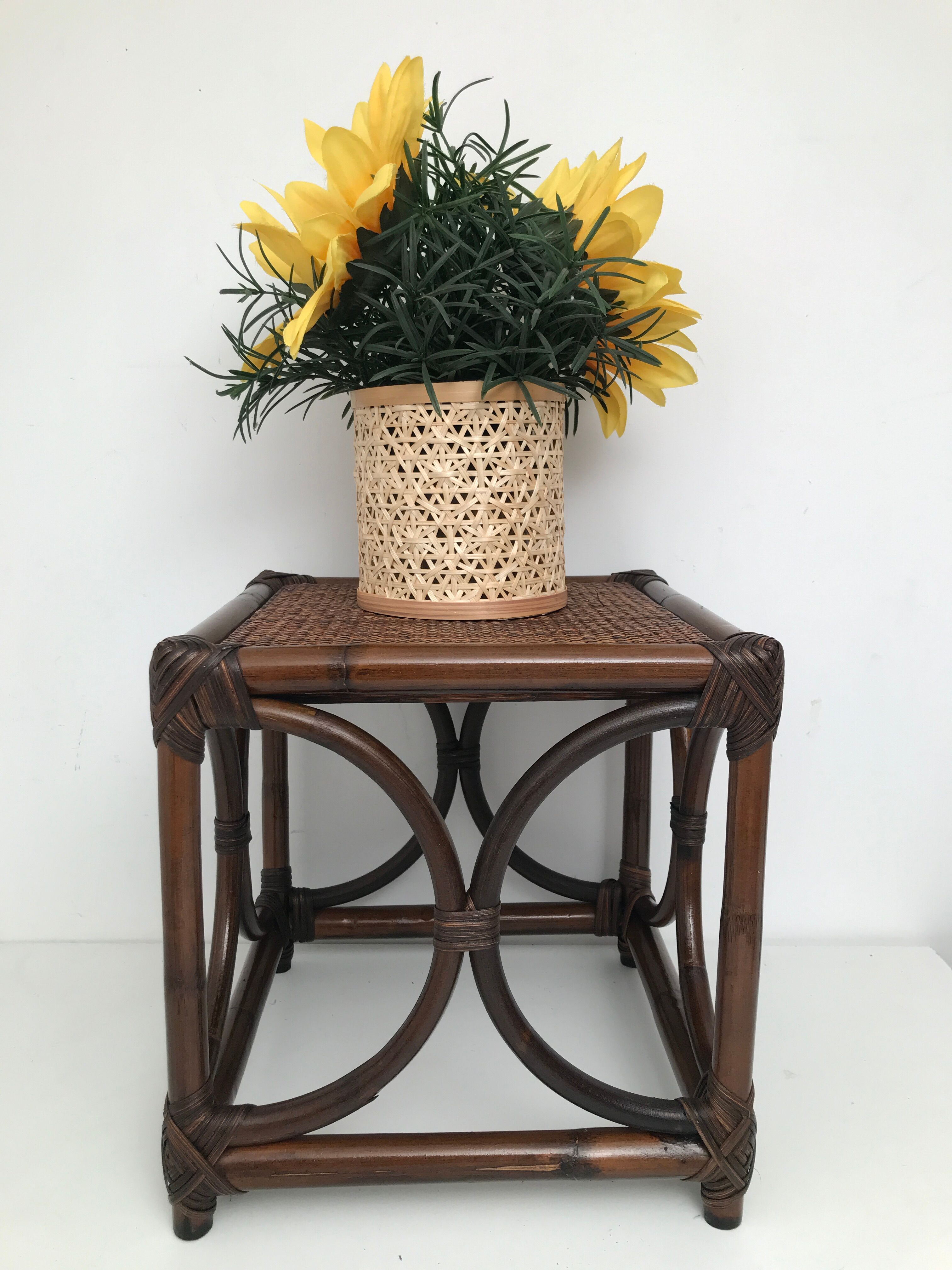 Bedside table stool in vintage cannage rattan