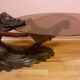 Coffee table, young woman in resin, smoked and beveled glass