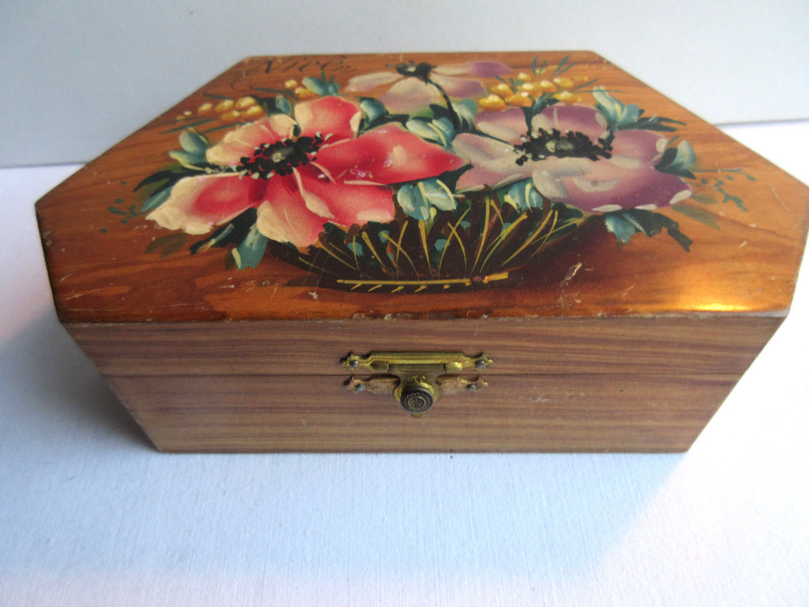 Art Deco jewellery box painted olive wood from Mimosa and Anémones, NICE
