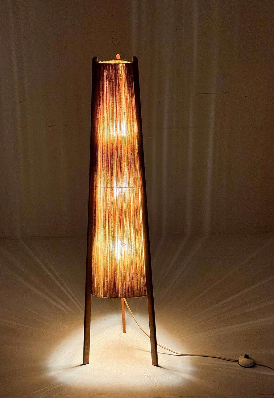 Mid-century floor lamp, sisal/teak wood, Temde, Switzerland, 1960s.