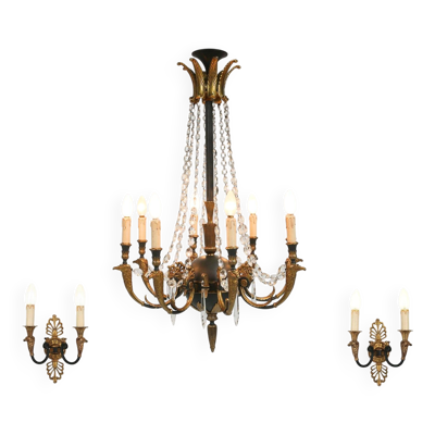 Grand lustre en bronze avec 2 appliques, Belgique, années 1950, ensemble de 3.