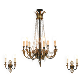 Large Bronze Empire Chandelier with 2 Wall Lights, Belgium, 1950s, Set of 3