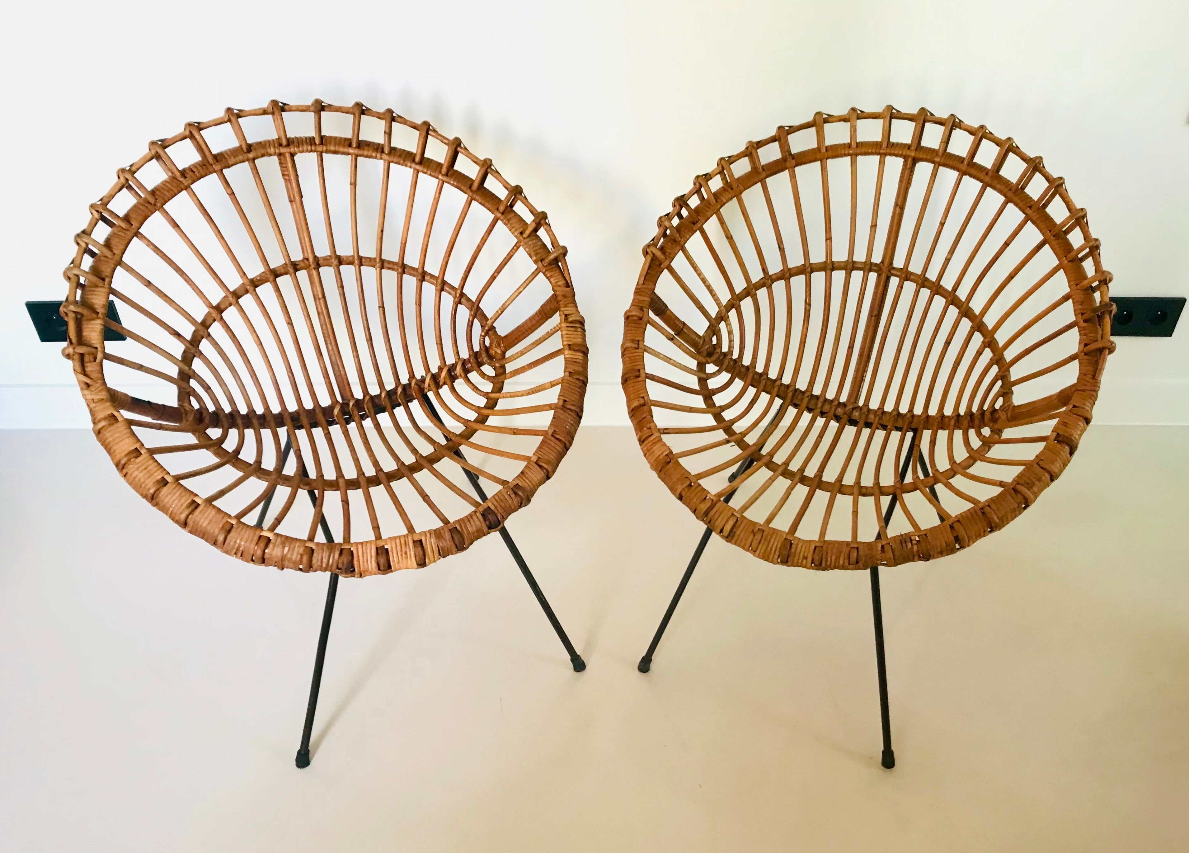 Pair of rattan armchairs, italy 60s