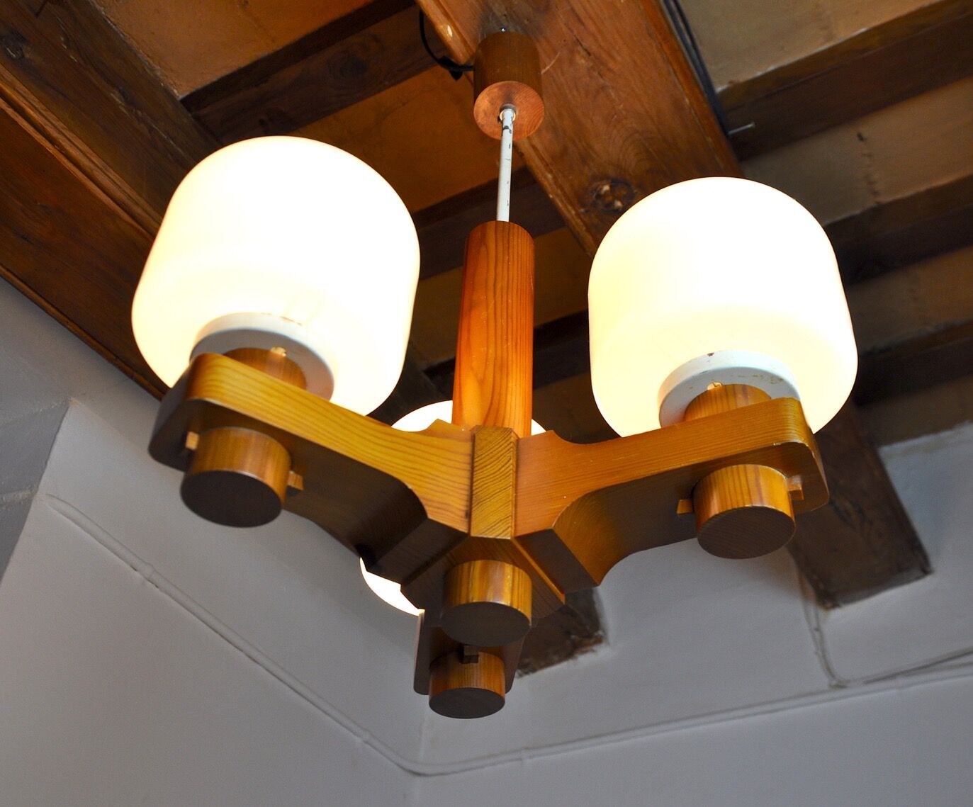 Nordic chandelier in Wood and Opaline, Denmark, 1970