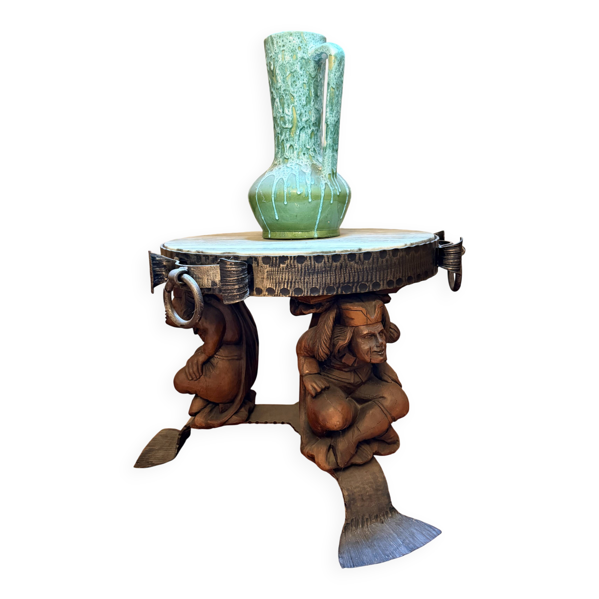 Wrought iron and hammered marble coffee table circa 1950.