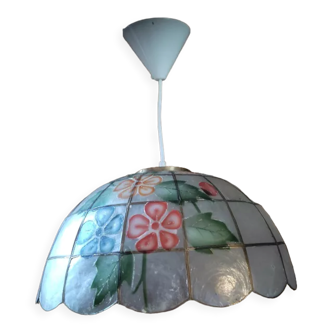 Suspension abat jour luminaire lustre nacre damier fleurs laiton dp 1122407