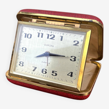 Red mechanical travel alarm clock Europe, Germany 1950s.