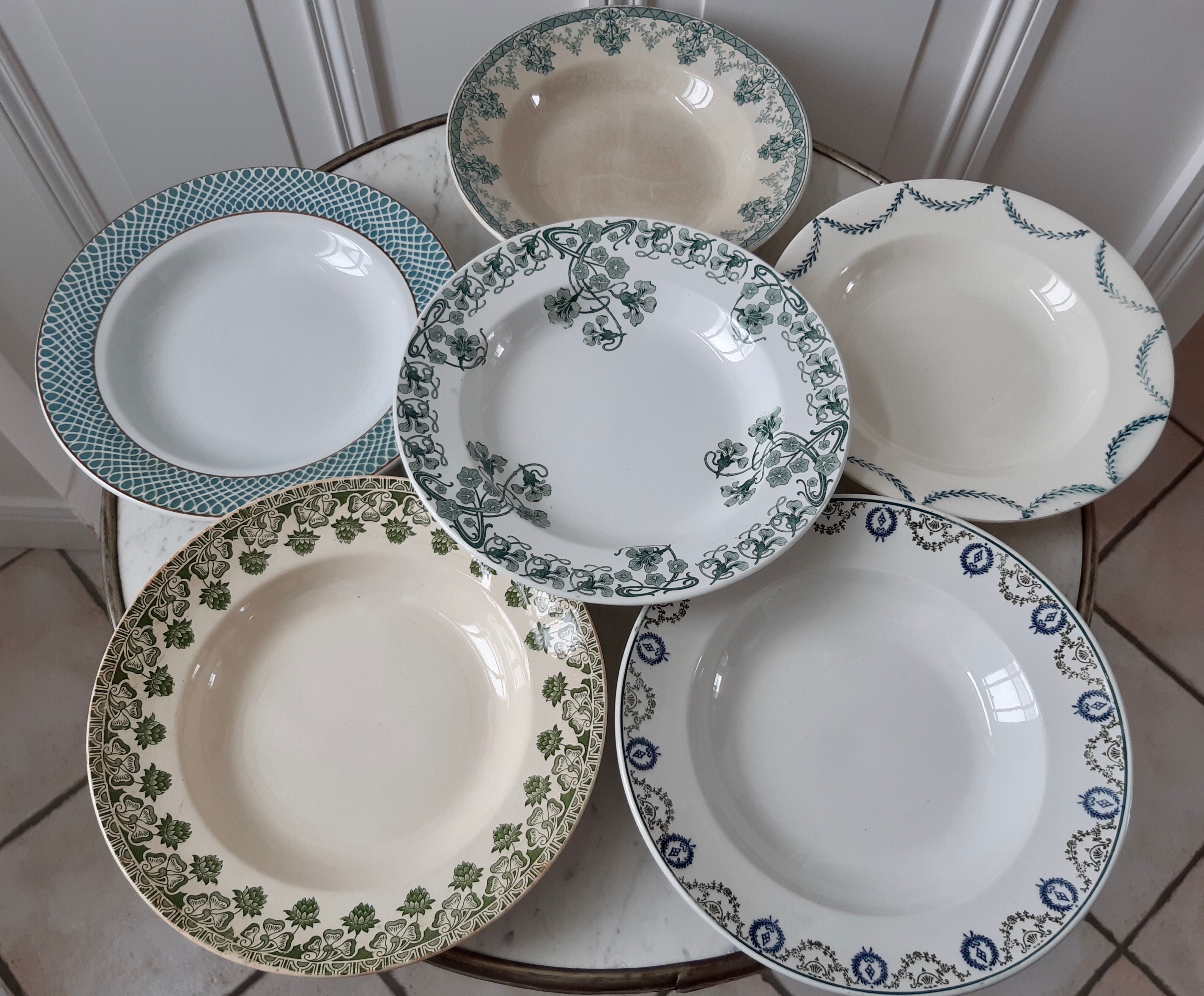 Set of 6 mismatched green hollow plates St Amand, Badonvillier, Salins and Bosch