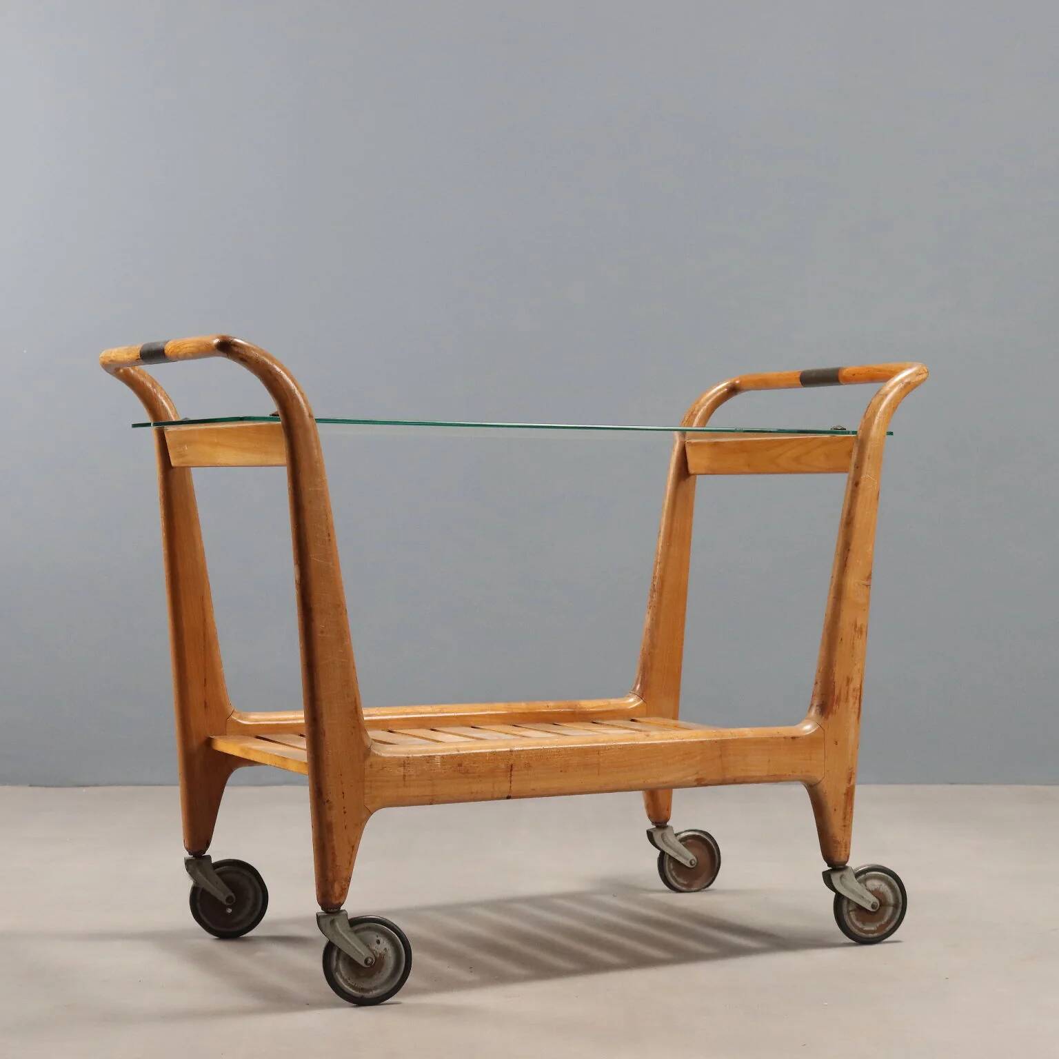 Vintage kitchen sideboard in beech, brass, and glass, Italian design, 1950s.