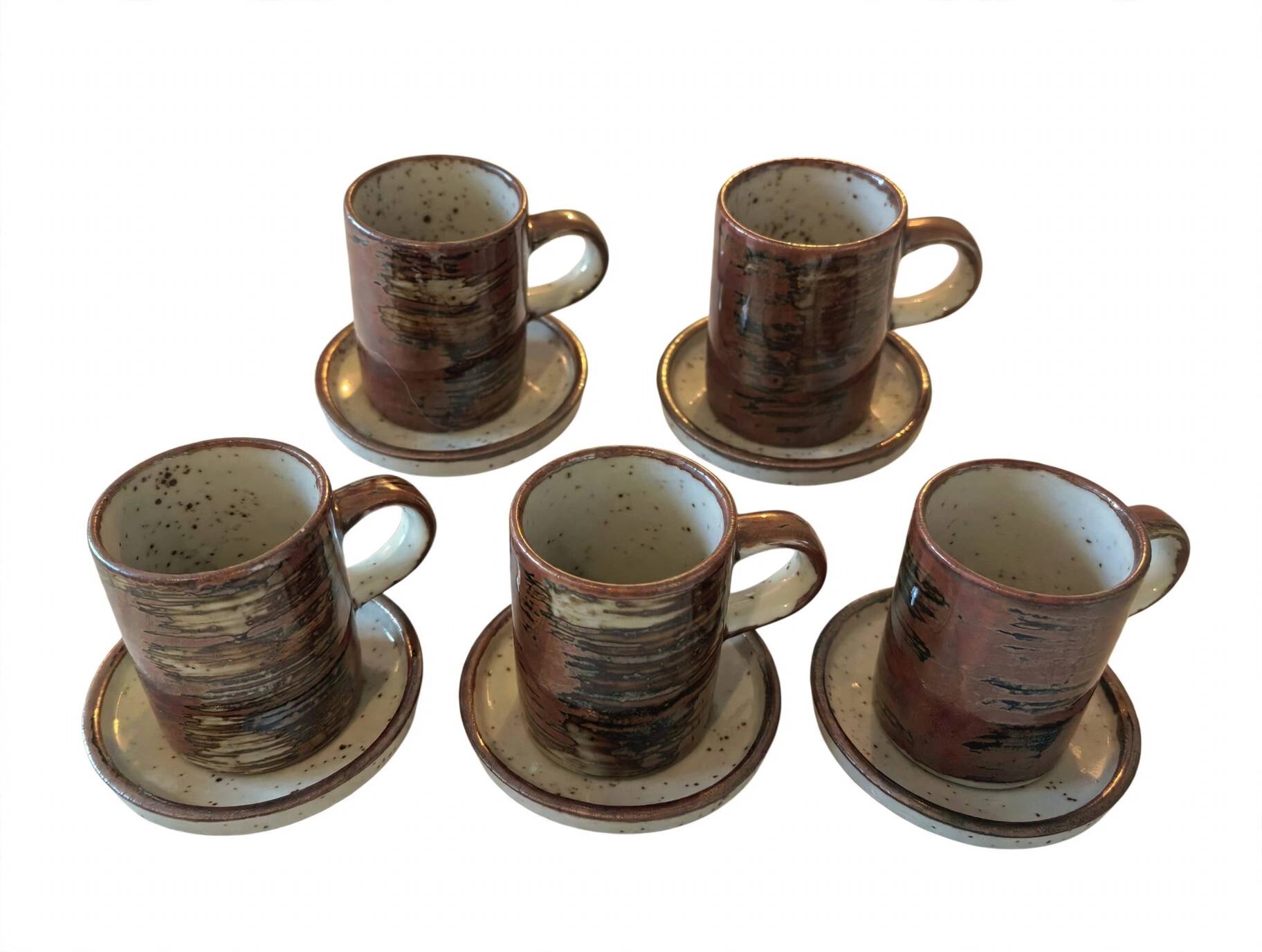Vintage coffee service 10 pieces, 5 cups plus 5 saucers in speckled stoneware.