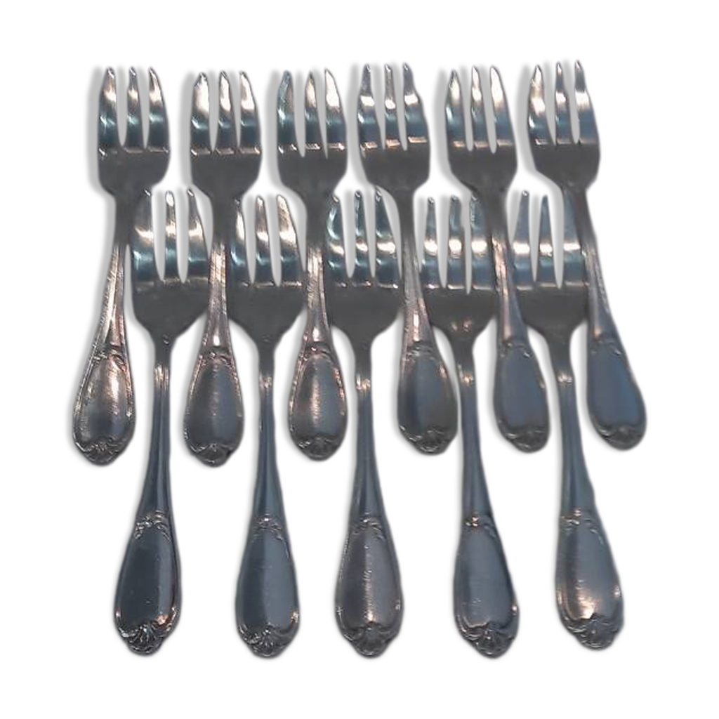 10 Fourchettes à Dessert En Métal Argenté Ercuis - Modèle Pompadour - Bon état
