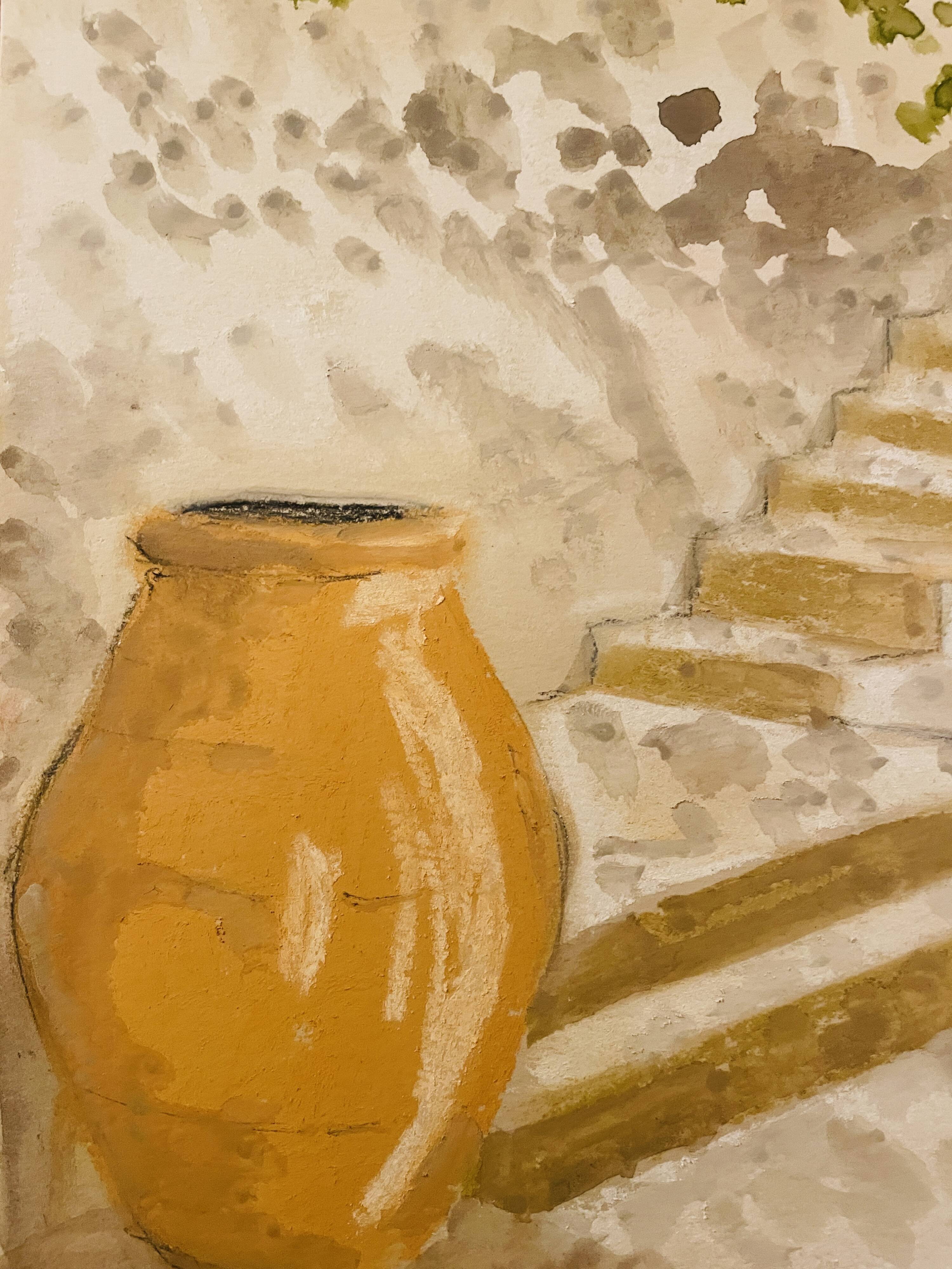 Signed pastel and watercolor painting of a Provençal landscape "the staircase"