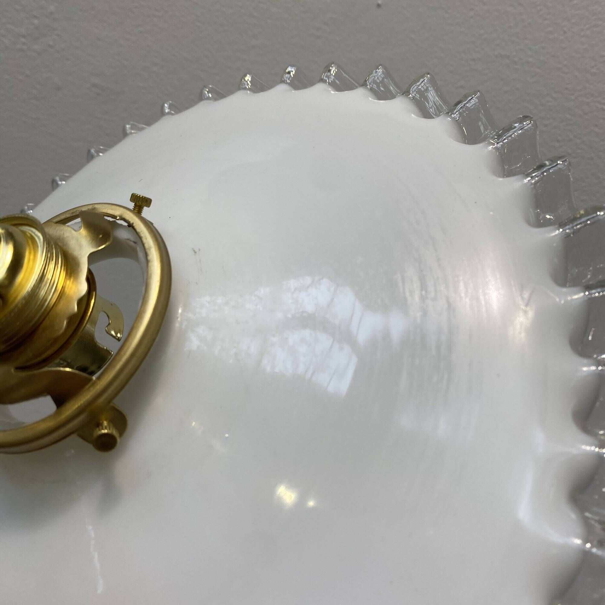 Pair of vintage pendant lights in white opaline and transparent serrated edges