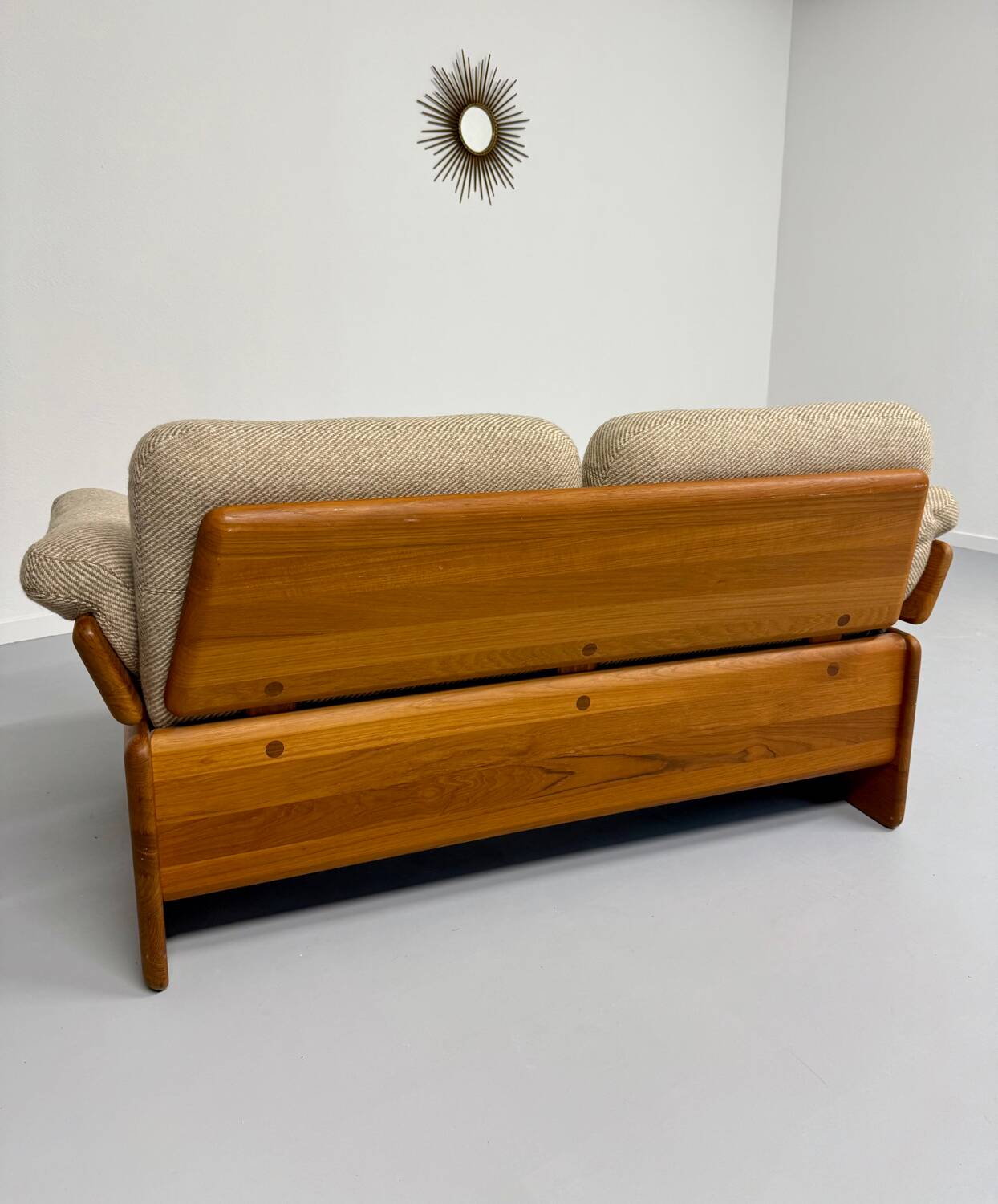 Old sofa in solid elm and vintage 80s design fabric Seltz France