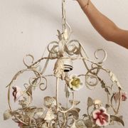 Hand-forged vintage pendant lamp with porcelain roses, Denz Neheim Hüsten