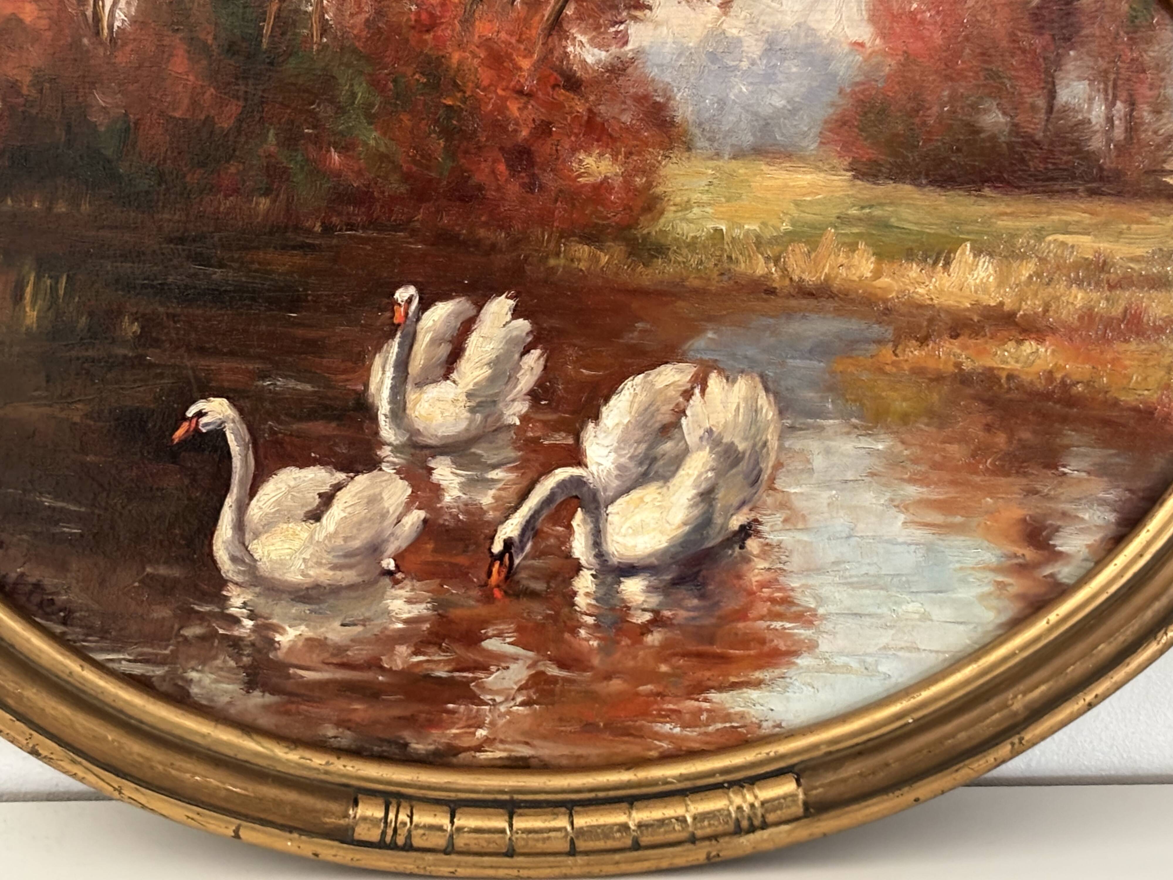 Tableau ancien les cygnes par vers 1920 par R Lutter