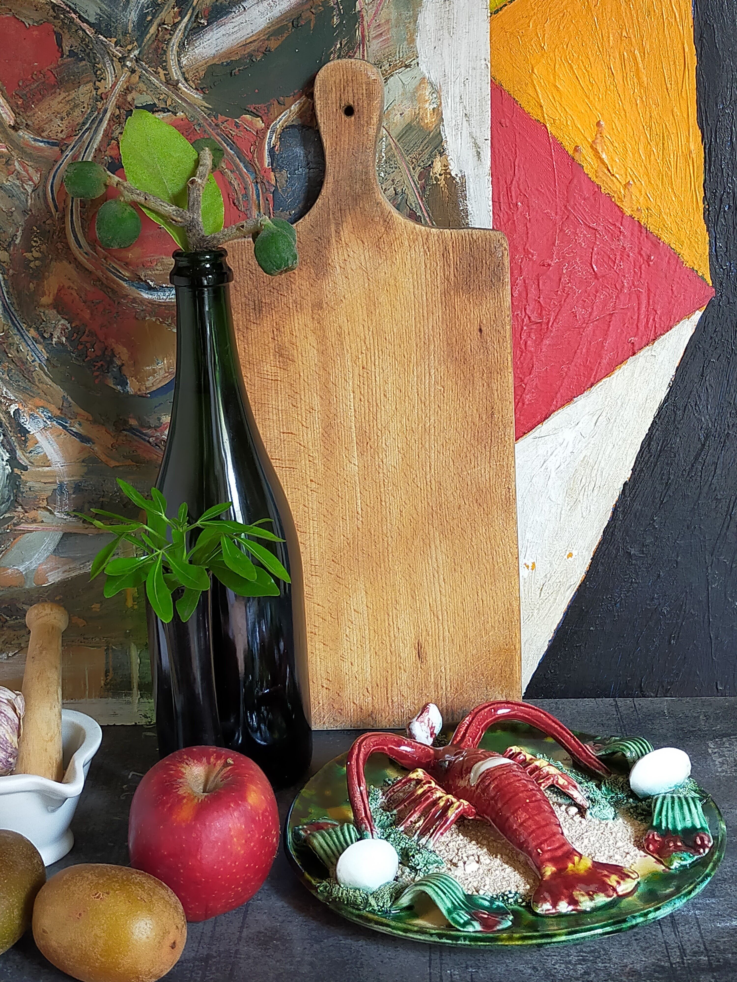 Plate in old barbotine with lobster