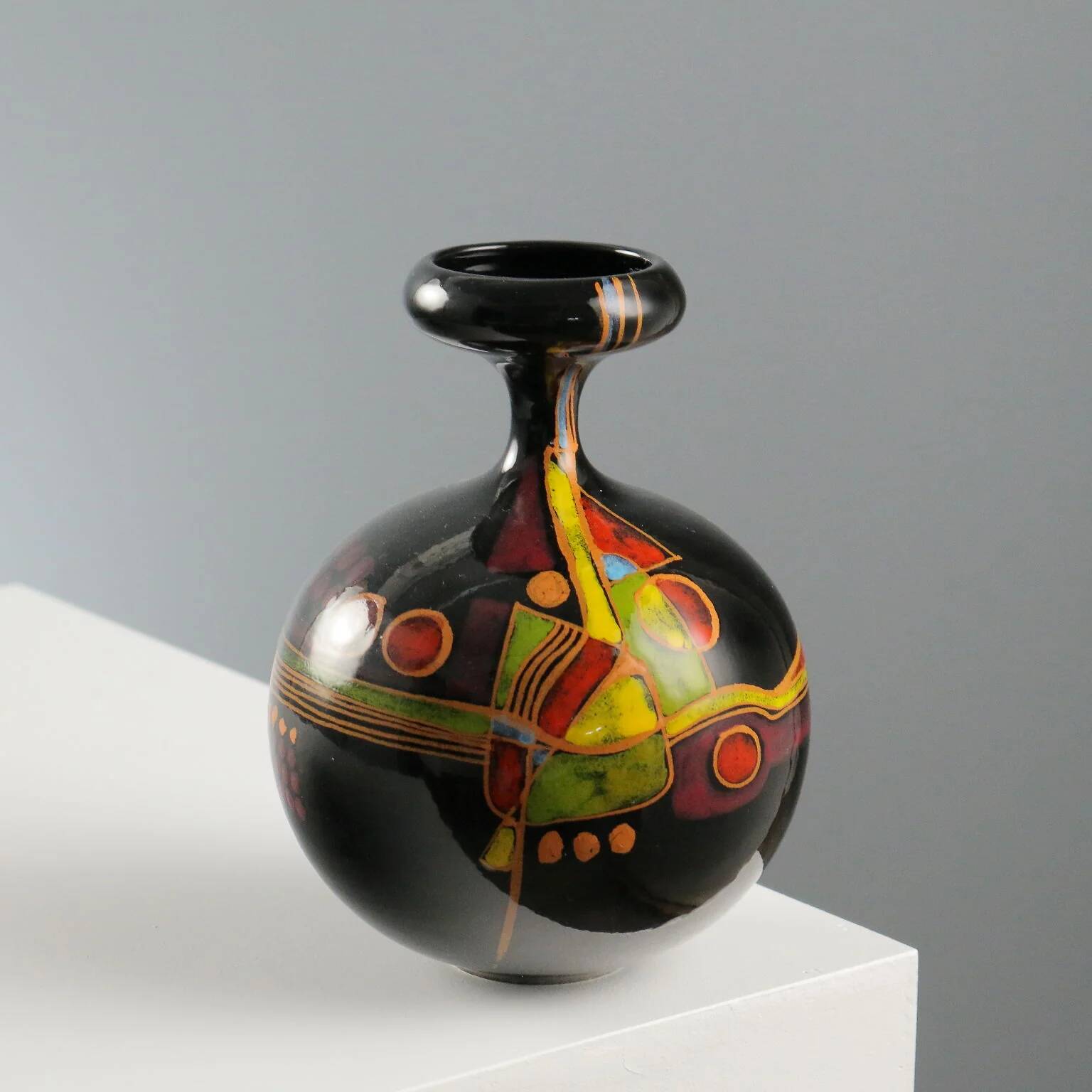 Vintage Verzolini ceramic vase with colourful decoration, Italy, 1970s.