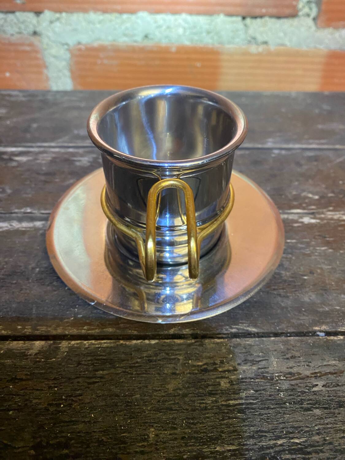 Old Pair of Stainless Steel Cup + Golden Metal Handle Made in ITALY Vintage #D46