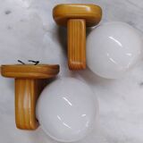 Pair of Scandinavian pine and opaline wall lights, 1980
