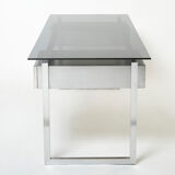 Desk stainless steel brushed gray smoked glass by Patrice Maffei for Kappa 1970