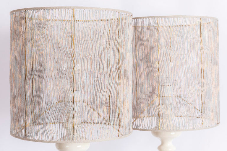Pair of white lacquered turned wooden lamps, 1960