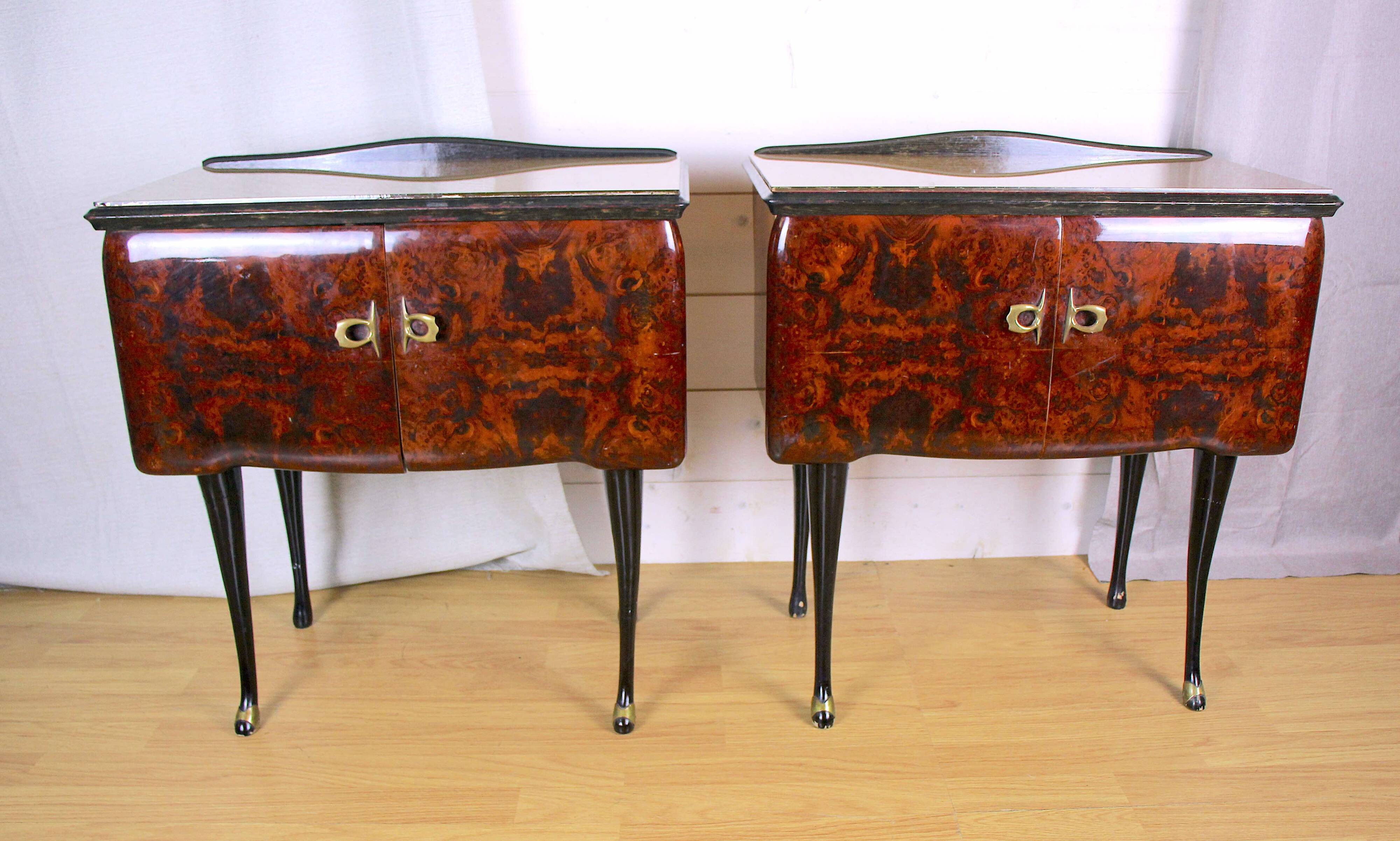 Pair of bedside tables, rosewood and burl walnut, Italy 1950