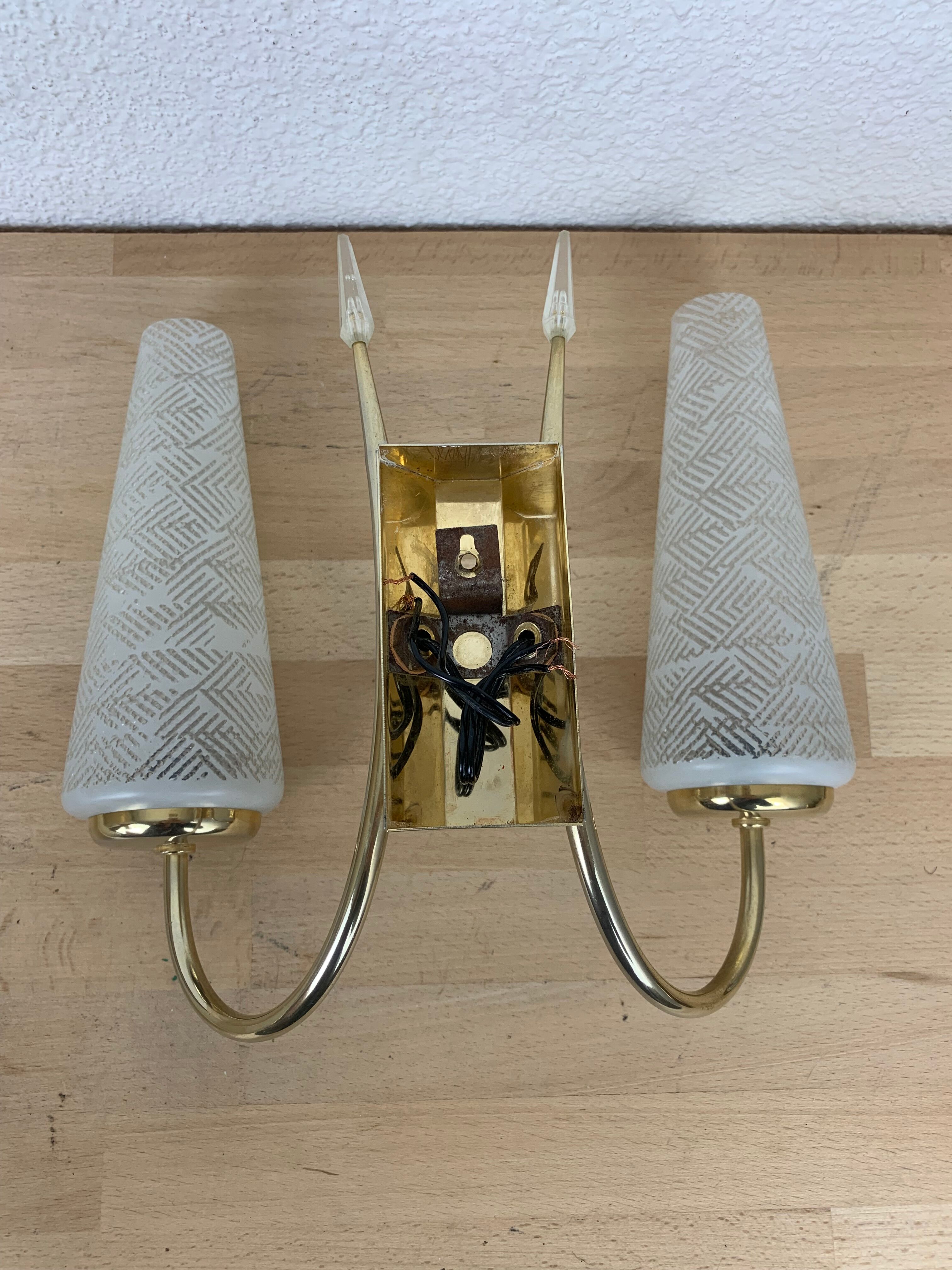 Pair of brass and opaline wall lamps 50s