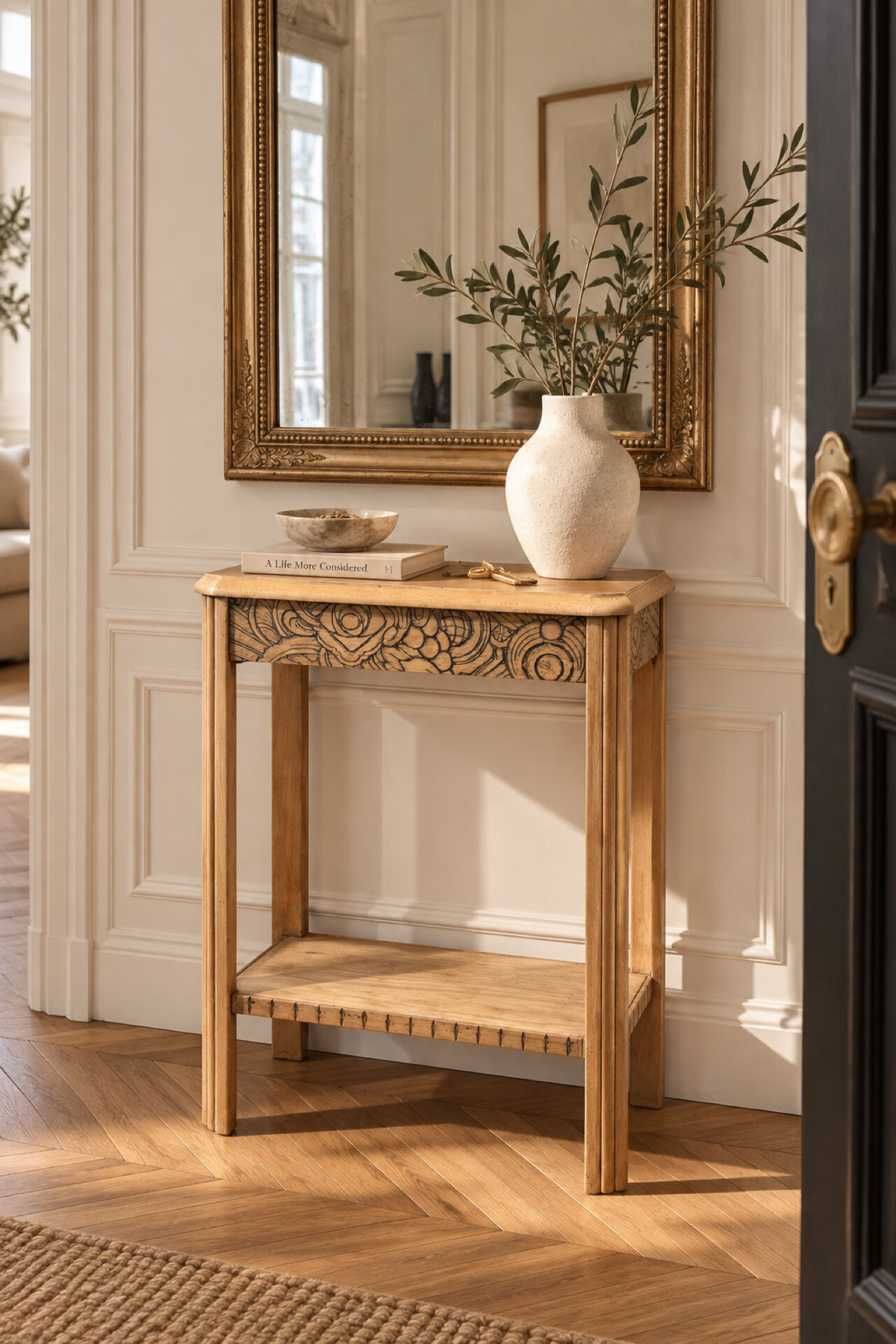 Art Deco console in raw wood with floral decoration, renovated 1930.