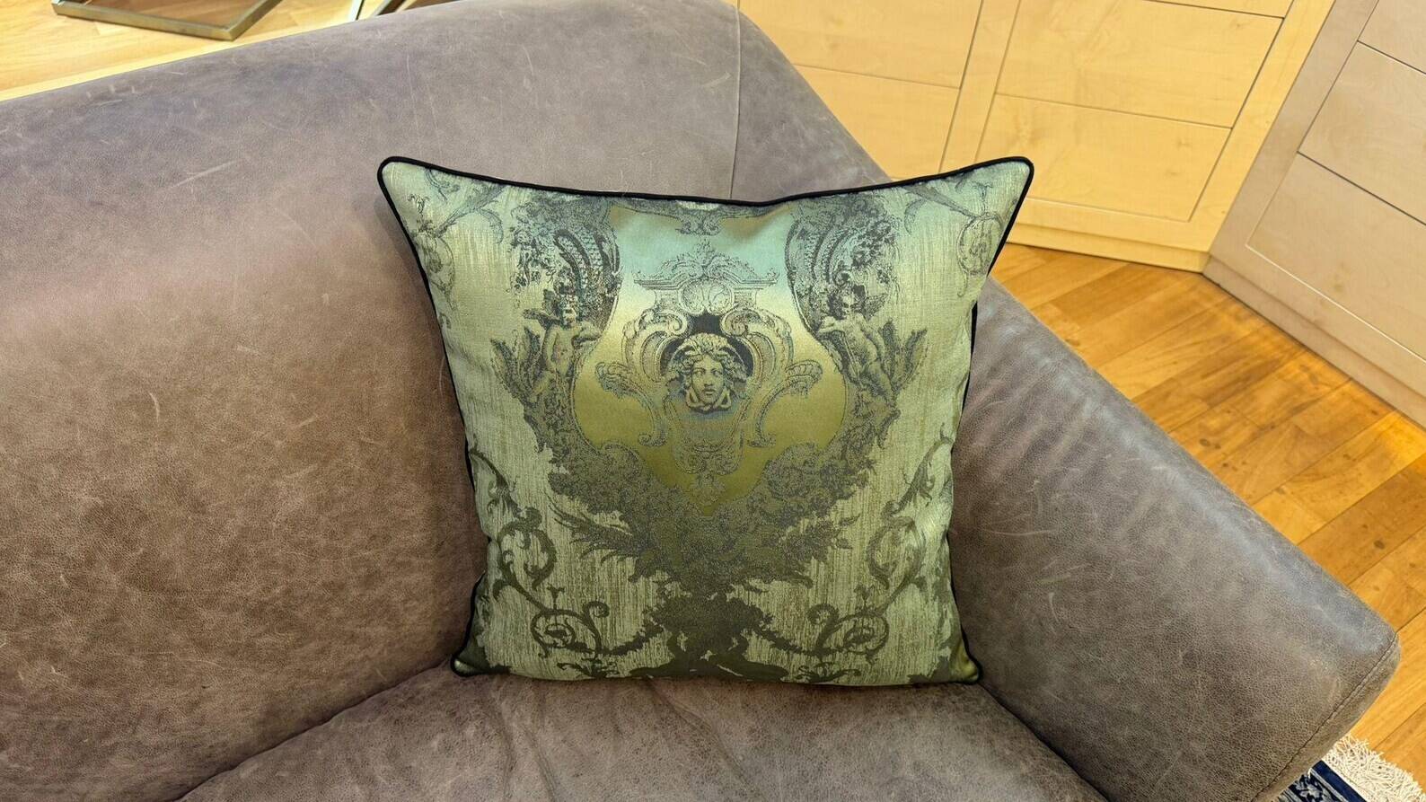 Neoclassical Medusa Medallion Cushion, Black Piped Jacquard Pillow Cover
