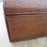 Vintage storage chest - curved - woven rattan - 1970s - mahogany colour