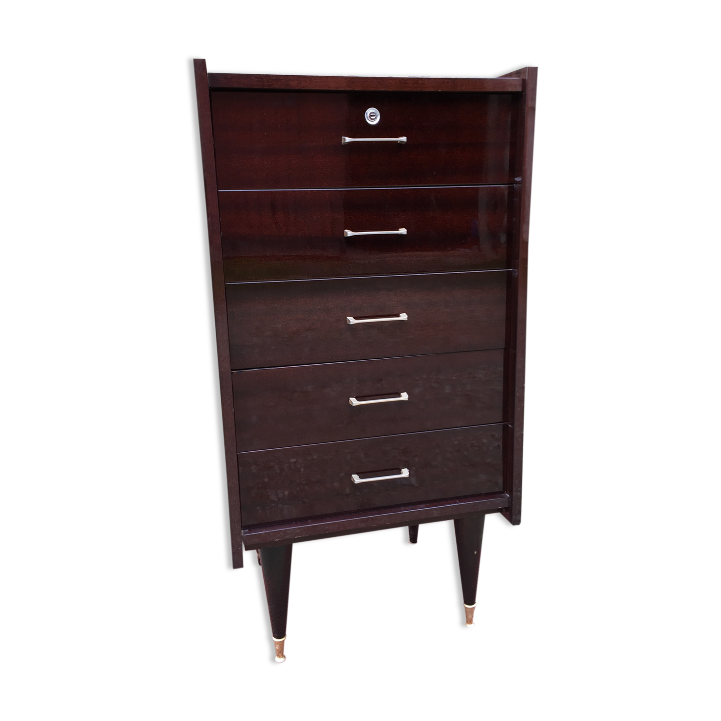 Vintage rag chest of drawers in varnished mahogany