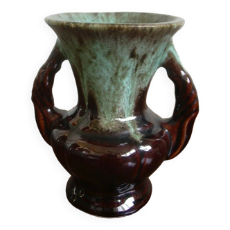 Vintage Barbotine Brown Aqua Ceramic Small Vase