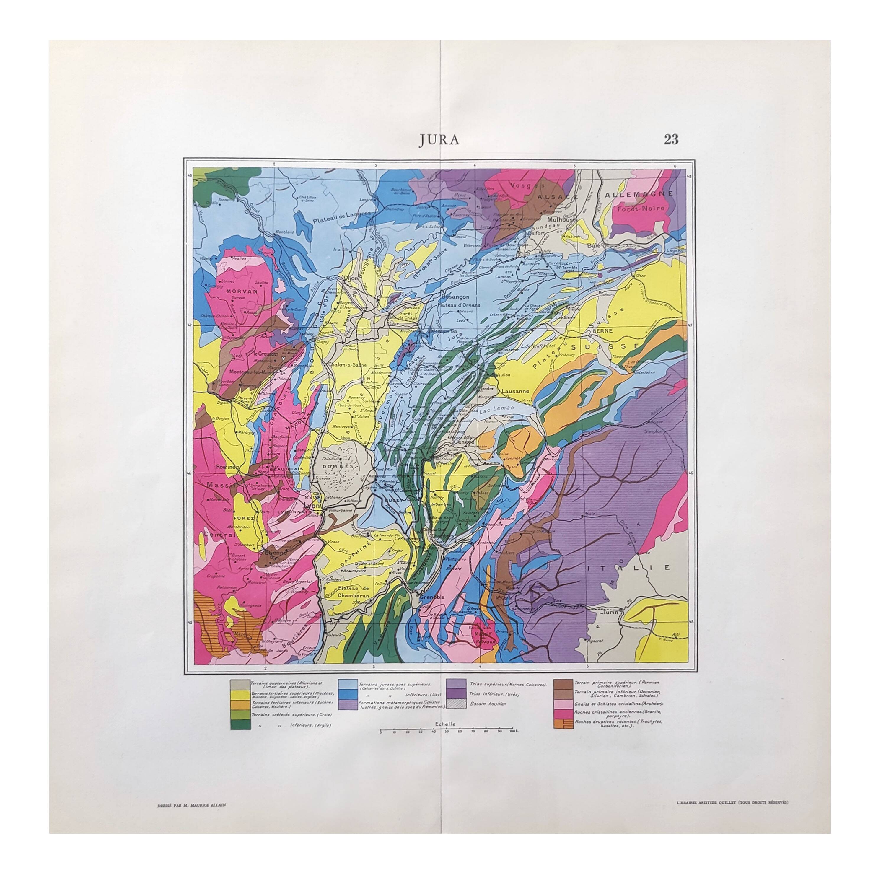 Vintage map of Jura France Switzerland 43x43cm from 1950