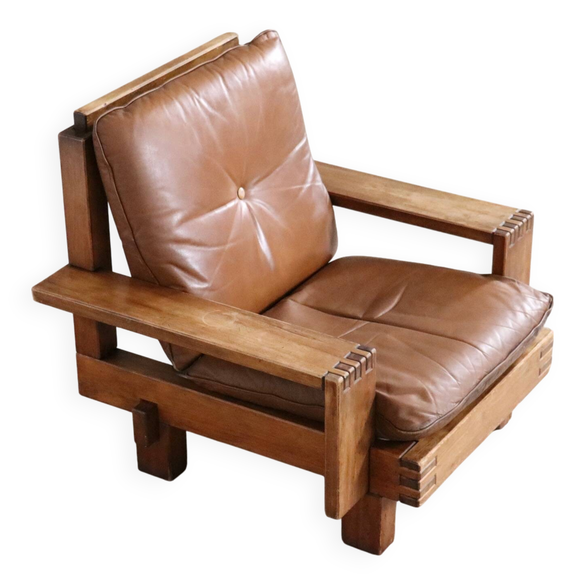 Midcentury Modern Brutalist Lounge Chair In Oak And Leather, Italy 1970s