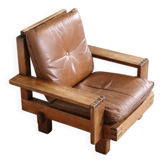 Midcentury Modern Brutalist Lounge Chair In Oak And Leather, Italy 1970s