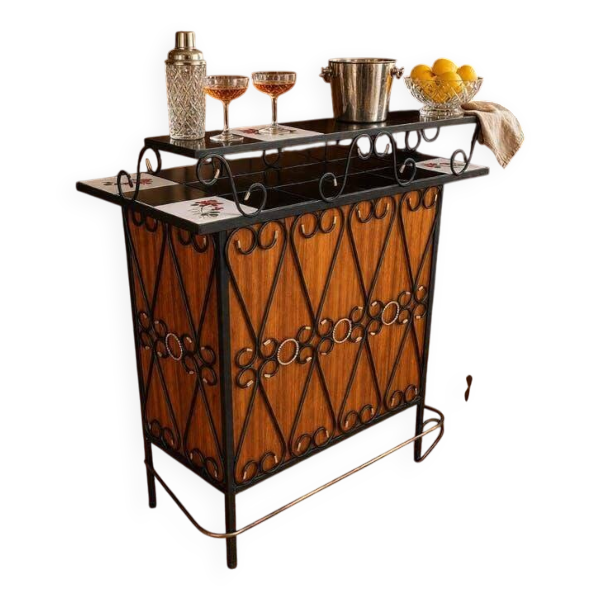 Vintage wooden bar counter with ceramic accents.