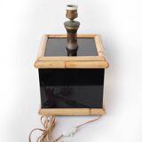 Tommaso Barbi style lamp, table lamp, living room lamp, black lacquered and bamboo square foot lamp