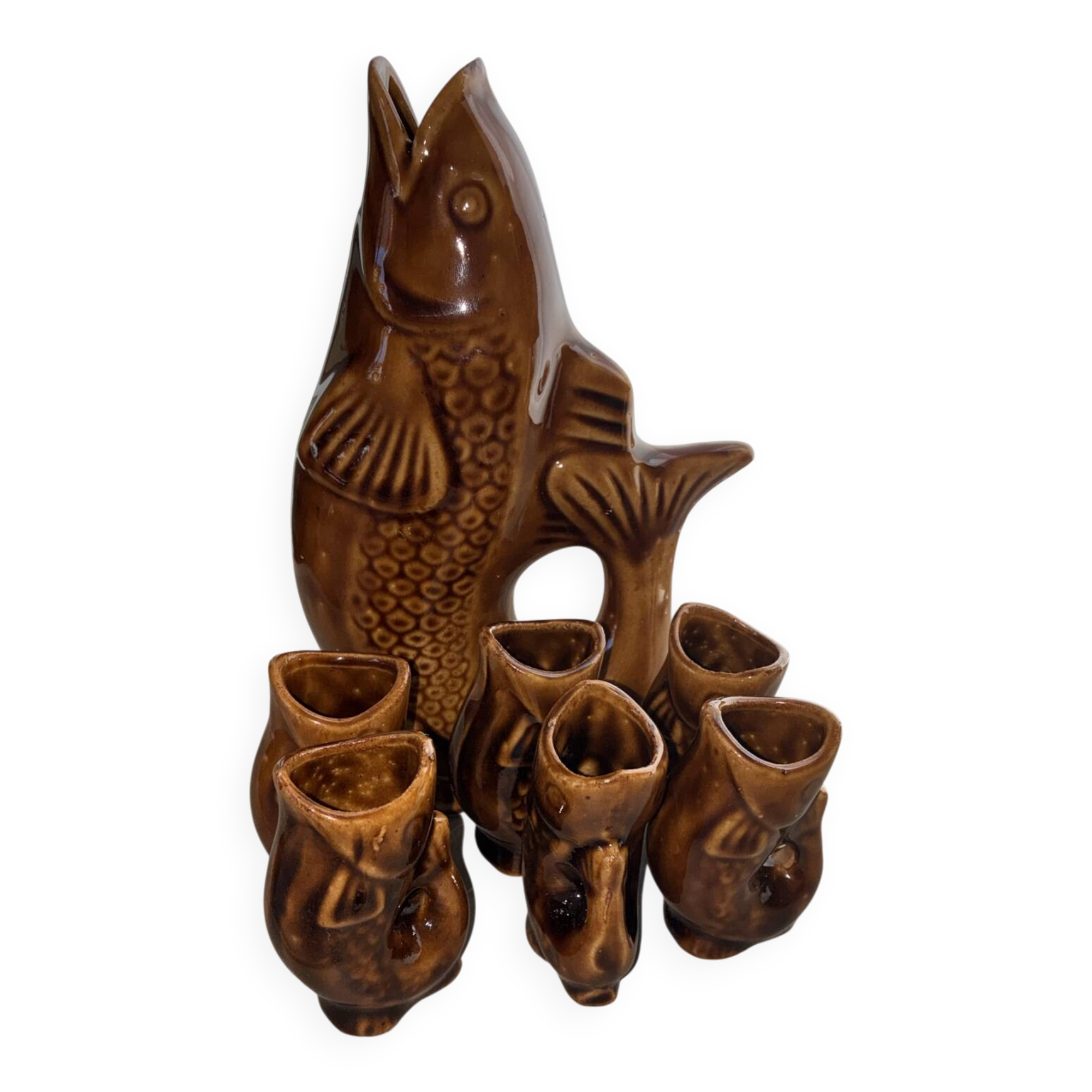 Vintage "Famille Carpe" liqueur set in amber ceramic – 7 pieces