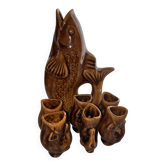 Vintage "Famille Carpe" liqueur service in amber ceramic – 7 pieces