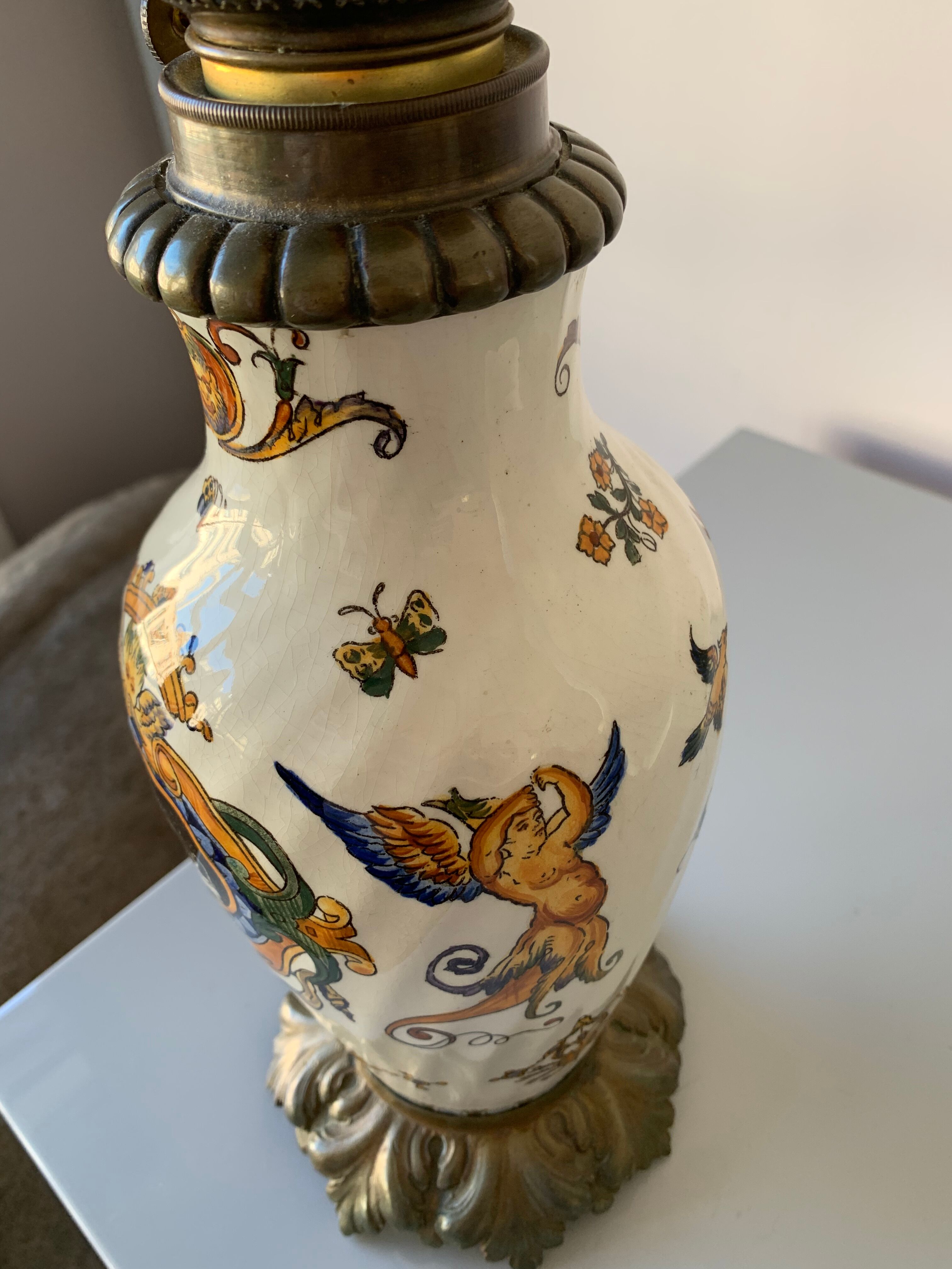 Old faience lamp foot of Gien Renaissance decoration 1876