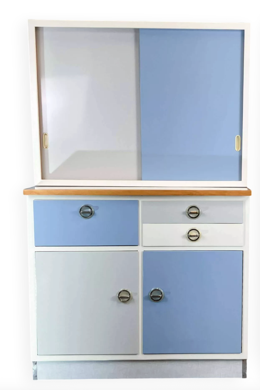 Kitchen cabinets, pastel blue and light gray, vintage from the 60s