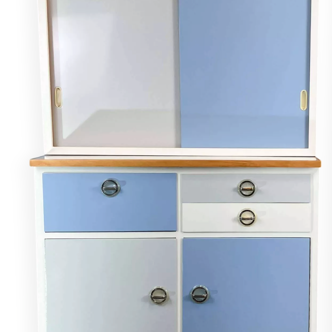 Kitchen cabinets, pastel blue and light gray, vintage from the 60s