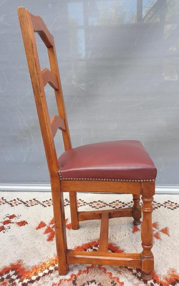 Set 6 chairs style Louis XIII VINTAGE 1980 Oak and Burgundy red leather