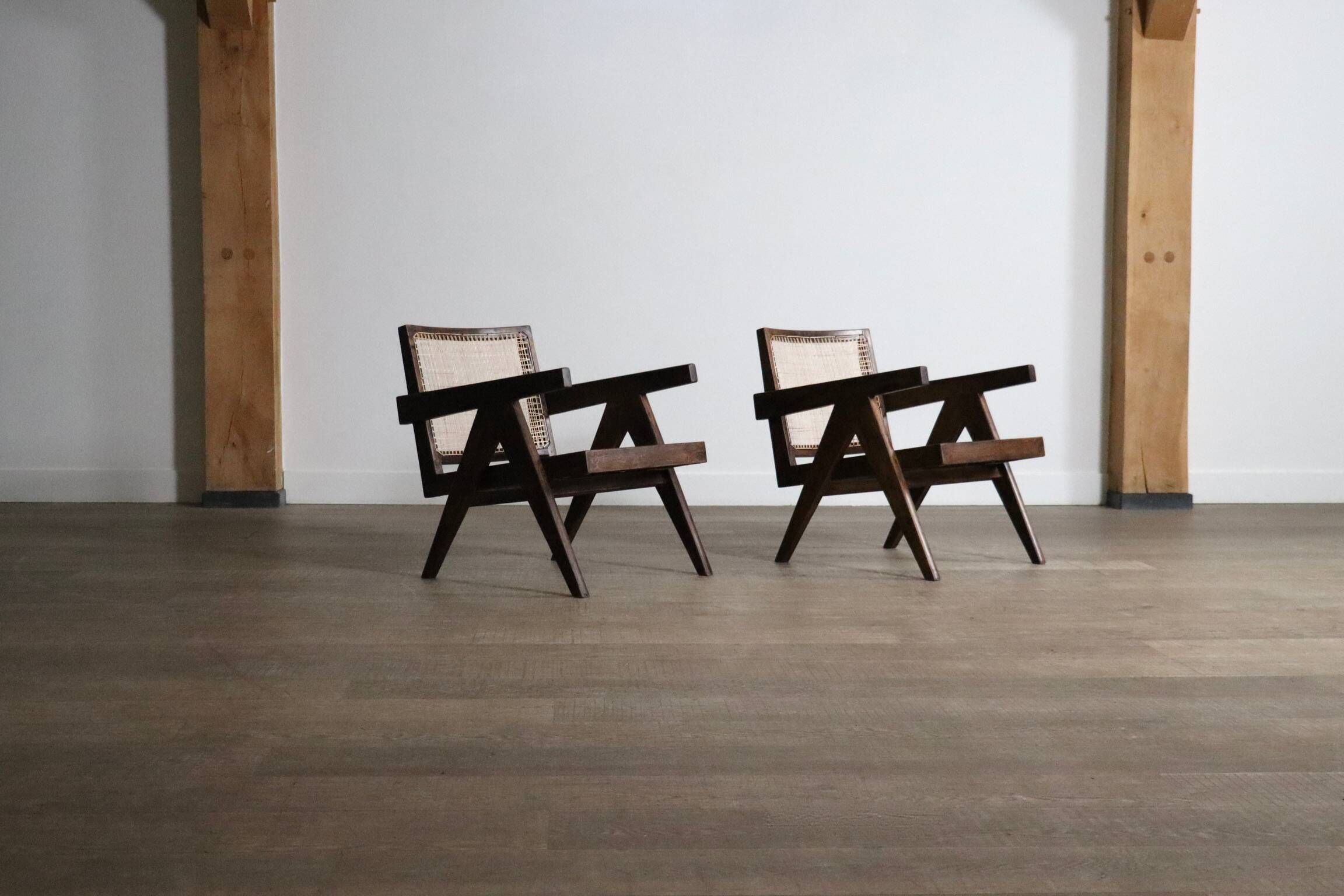 Pierre Jeanneret lounge chairs PJ-SI-29-A in teak and Cane, 1950s